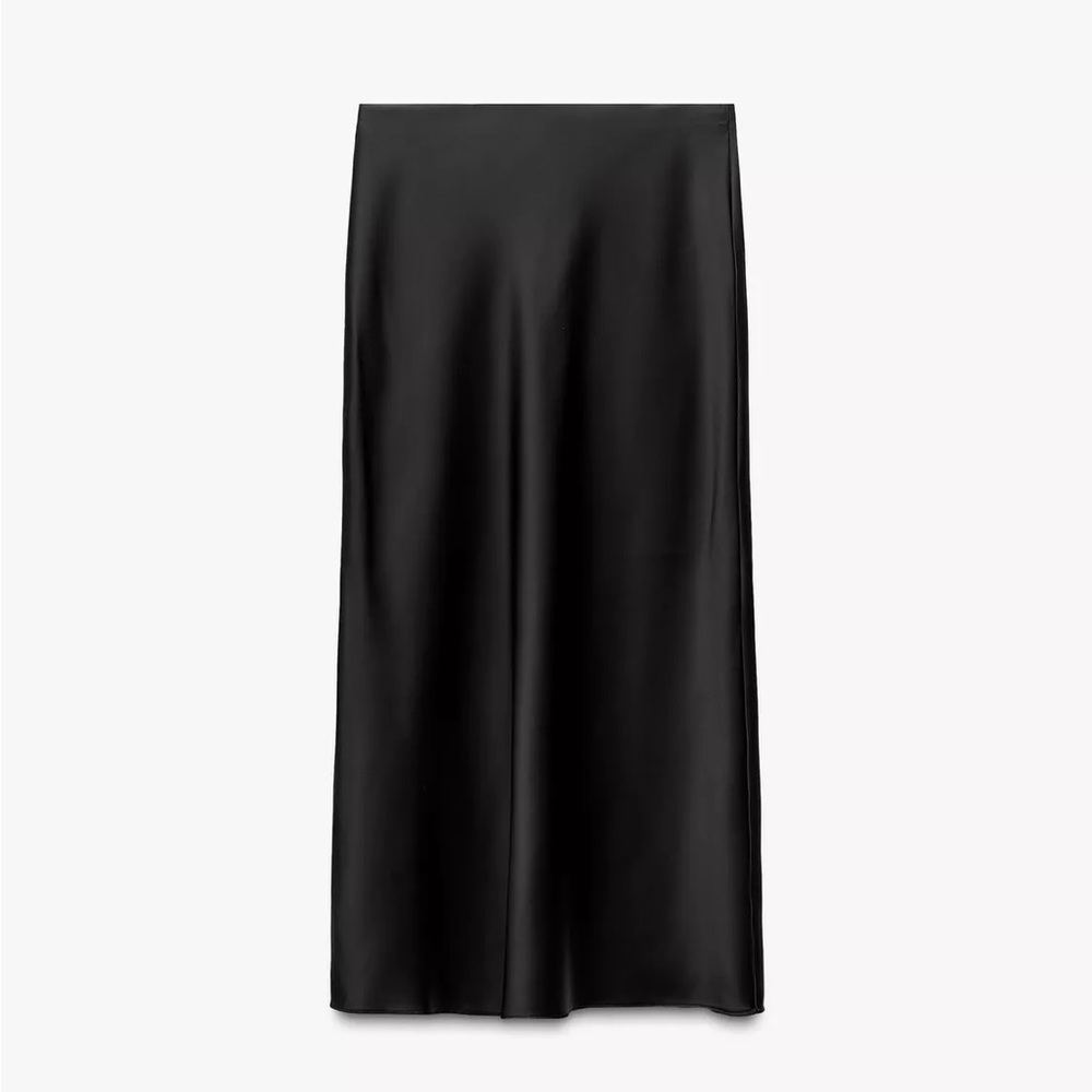 Zara Elegant Black Satin Midi Skirt